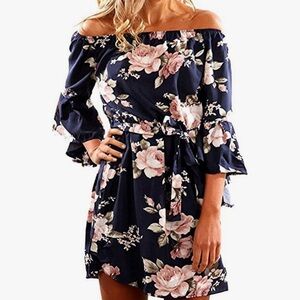 SVALIY Off the Shoulder Floral Tunic Shift Short Dress